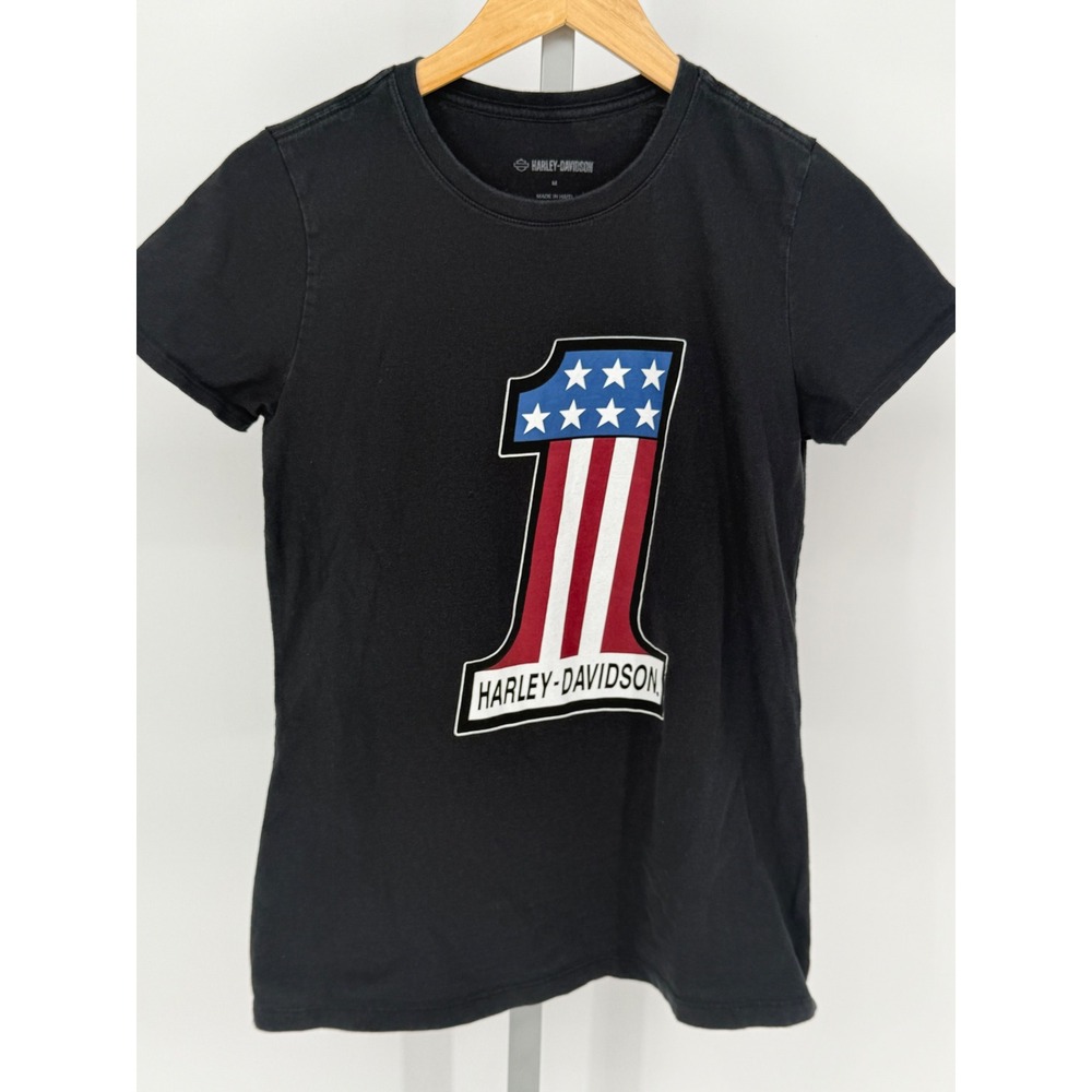Harley Davidson Womens T-Shirt‎ Black Patriotic Stars & Stripes #1 Graphic Tee